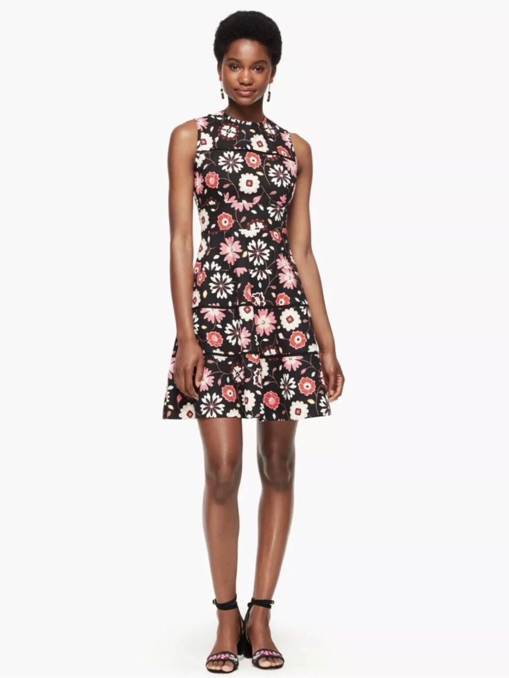Sleeveless Black Floral A-Line Dress with Pink & Red Blooms